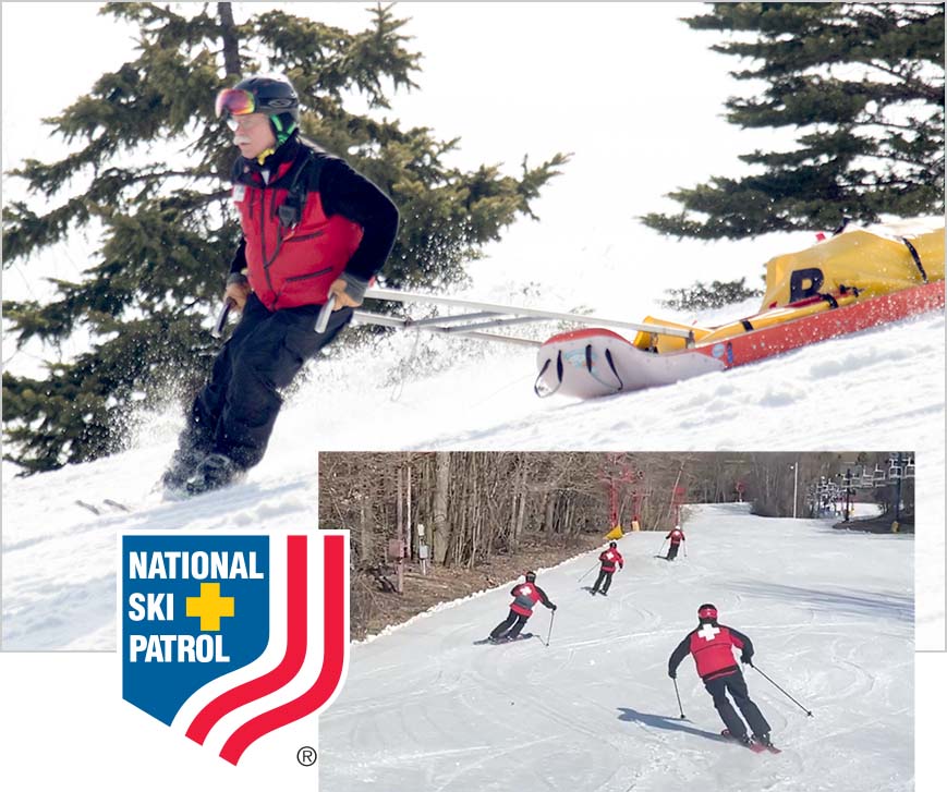 Alpine Valley Ski Patrollers on hill, National Ski Patrol logo